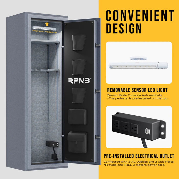 RPNB 10 Gun Fireproof Biometric Fingerprint Safe for Pistols and Rifles, Grey, RPNB RPFS10-G